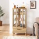 Curio Cabinet Lighted Glass Cabinet Glass Wine Cabinet Curio Display Cabinet with Adjustable Glass Shelves 2 Doors and 1 drawer Cabinet Sideboard With Bulb Included Light oak