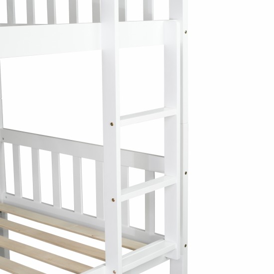 Twin Over Twin Rubber Wood Bunk Bed with Trundle, Convertible into 2 Twin Size Beds, Twin Size Bunk Bed with Ladder and Safety Guardrails, White