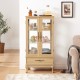 Curio Cabinet Lighted Glass Cabinet Glass Wine Cabinet Curio Display Cabinet with Adjustable Glass Shelves 2 Doors and 1 drawer Cabinet Sideboard With Bulb Included Light oak