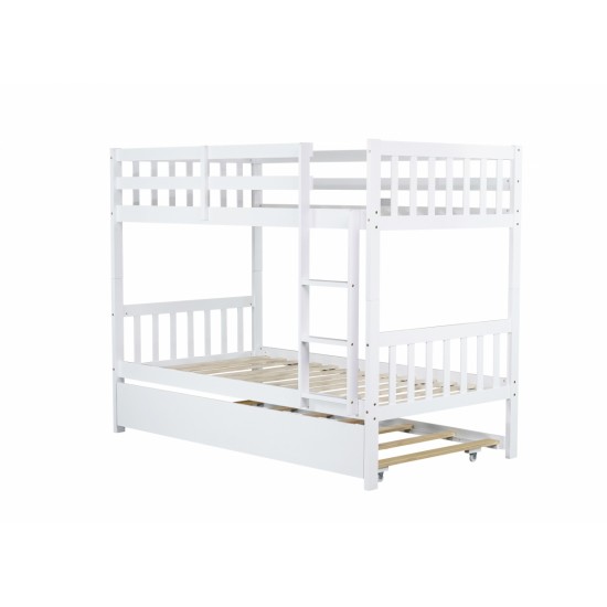 Twin Over Twin Rubber Wood Bunk Bed with Trundle, Convertible into 2 Twin Size Beds, Twin Size Bunk Bed with Ladder and Safety Guardrails, White