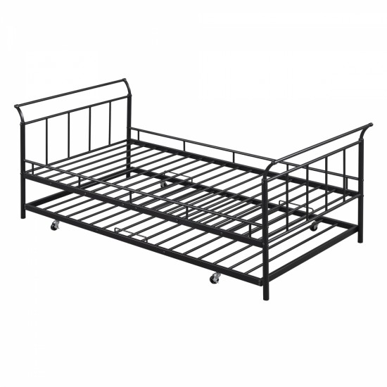 Twin Size Metal Daybed with Curved Handle Design and Twin Size Trundle, Black