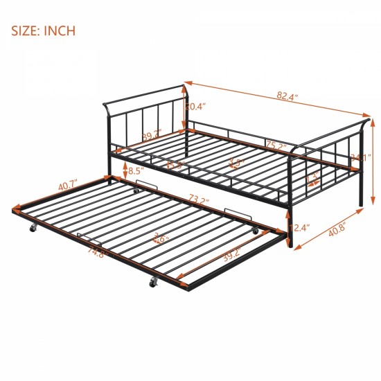 Twin Size Metal Daybed with Curved Handle Design and Twin Size Trundle, Black