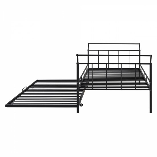 Twin Size Metal Daybed with Curved Handle Design and Twin Size Trundle, Black