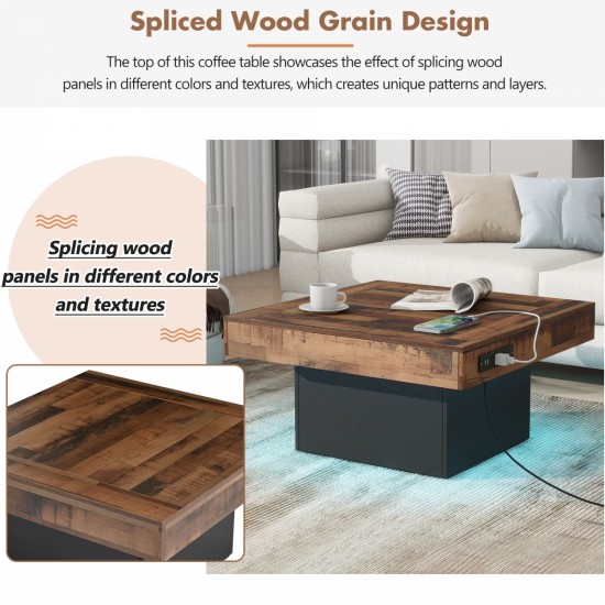 ON-TREND 31.4'' x 31.4'' Farmhouse Coffee Table with 2 USB Ports and Outlets, Brown Spliced Wood Grain Center Table with LED Light, Rustic Cocktail Table with Charging Station for Living Room, Black