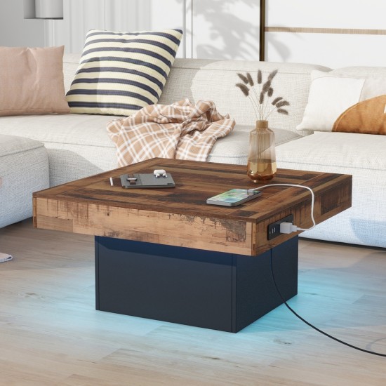 ON-TREND 31.4'' x 31.4'' Farmhouse Coffee Table with 2 USB Ports and Outlets, Brown Spliced Wood Grain Center Table with LED Light, Rustic Cocktail Table with Charging Station for Living Room, Black