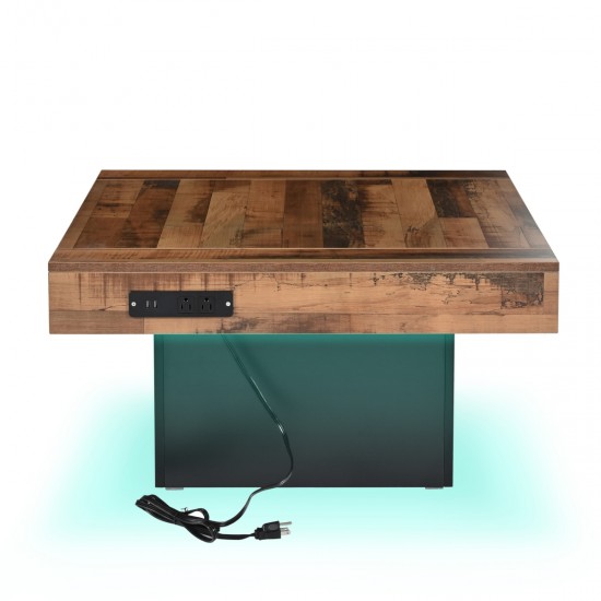 ON-TREND 31.4'' x 31.4'' Farmhouse Coffee Table with 2 USB Ports and Outlets, Brown Spliced Wood Grain Center Table with LED Light, Rustic Cocktail Table with Charging Station for Living Room, Black