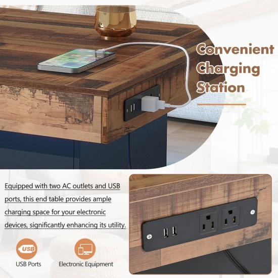 ON-TREND 31.4'' x 31.4'' Farmhouse Coffee Table with 2 USB Ports and Outlets, Brown Spliced Wood Grain Center Table with LED Light, Rustic Cocktail Table with Charging Station for Living Room, Black