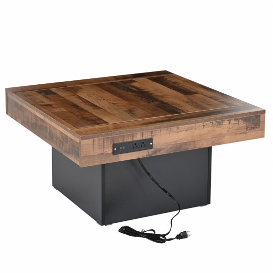 ON-TREND 31.4'' x 31.4'' Farmhouse Coffee Table with 2 USB Ports and Outlets, Brown Spliced Wood Grain Center Table with LED Light, Rustic Cocktail Table with Charging Station for Living Room, Black