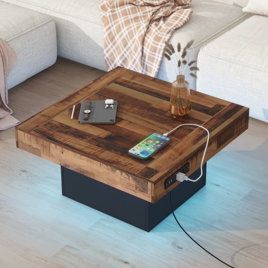 ON-TREND 31.4'' x 31.4'' Farmhouse Coffee Table with 2 USB Ports and Outlets, Brown Spliced Wood Grain Center Table with LED Light, Rustic Cocktail Table with Charging Station for Living Room, Black