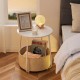 Small Round Side End Table for Living Room, Modern Nightstand Bedside Table with Fabric Basket for Bedroom Nursery, Side Table with Steel Frame - White& Beige