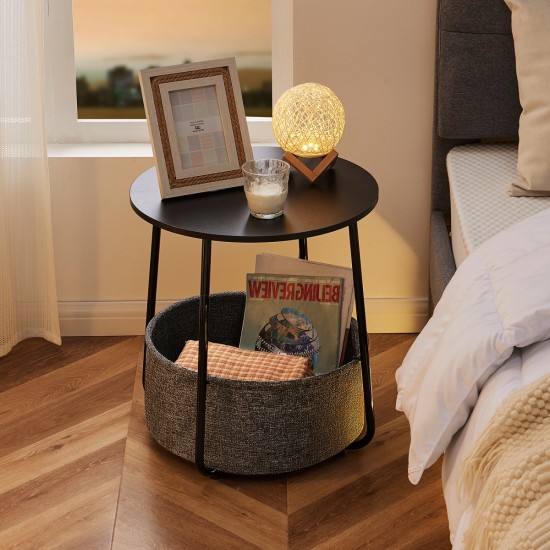 Small Round Side End Table for Living Room, Modern Nightstand Bedside Table with Fabric Basket for Bedroom Nursery, Side Table with Steel Frame - Black & grey