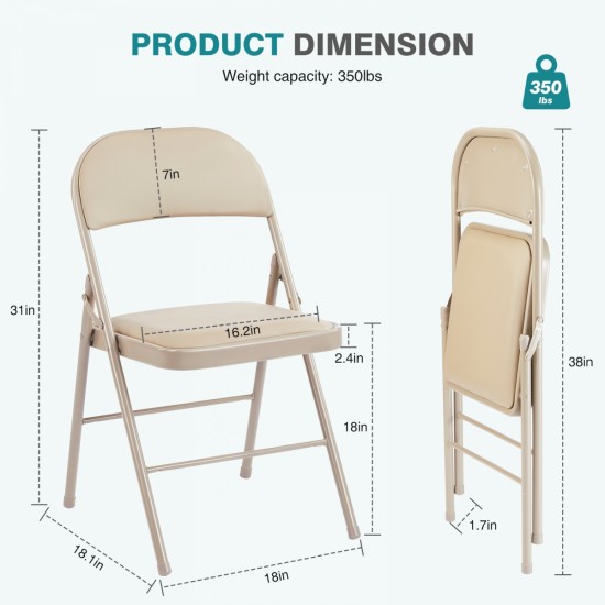 Folding Chair 2 Pack, Leather Padded Folding Chairs, Sturdy Metal Foldable Chairs, for Home, Office, Party, khaki 4 Pack