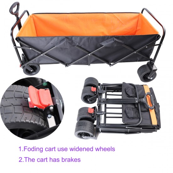 Big large capacity Folding cart Extra Long Extender Wagon Cart Folding Wagon Garden Shopping Beach Cart (black + orange)