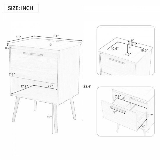 24 Inch  Bathroom Vanity with Sink Combo, Multi-functional Bathroom Cabinet with Drawer,  MDF Board, Natural