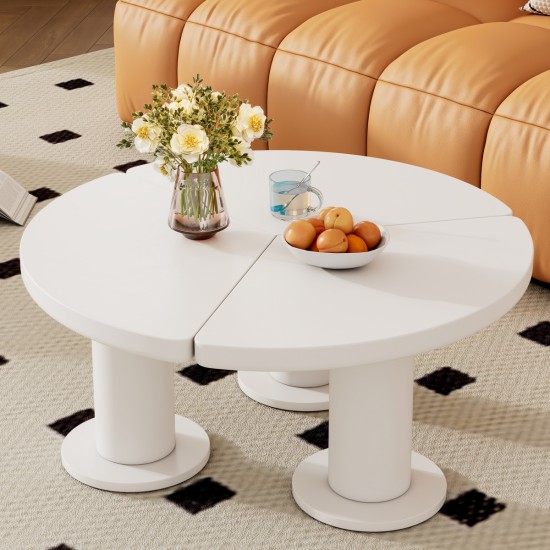 ON-TREND Φ39.4'' Easy Assembly Round Petal-Shaped Coffee Table, Cream Style Center Table with 3 Thick Legs, Minimalist Irregular End Table with Sleek Round Edges for Living Room, White