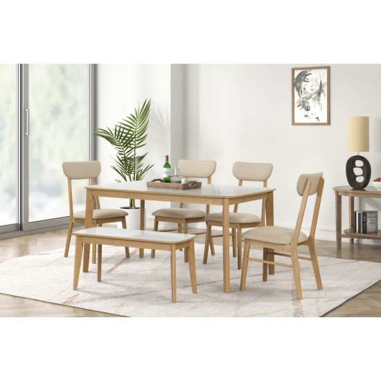 6-piece Dining Table Set, One Table One Bench and Four Chairs, High Gloss White Tabletop With Light Oak Color