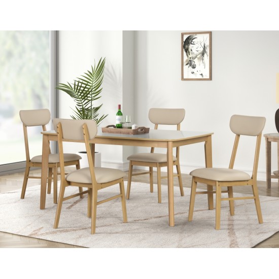 6-piece Dining Table Set, One Table One Bench and Four Chairs, High Gloss White Tabletop With Light Oak Color