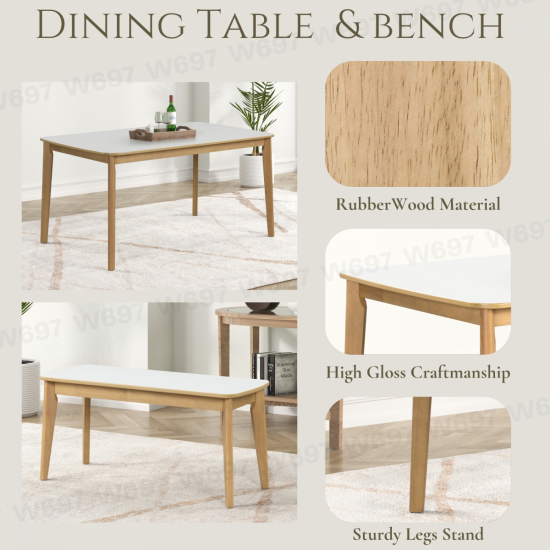 6-piece Dining Table Set, One Table One Bench and Four Chairs, High Gloss White Tabletop With Light Oak Color