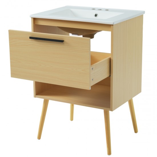 24 Inch  Bathroom Vanity with Sink Combo, Multi-functional Bathroom Cabinet with Drawer,  MDF Board, Natural