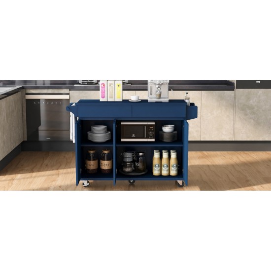 K&K 53.2''  Kitchen Island with Drop Leaf, Kitchen Storage Cart with Spice Rack, Towel Rack and 2 Drawers, Rolling Kitchen Island on Wheels with Adjustable Shelves for Kitchen, Dining Room, Navy Blue