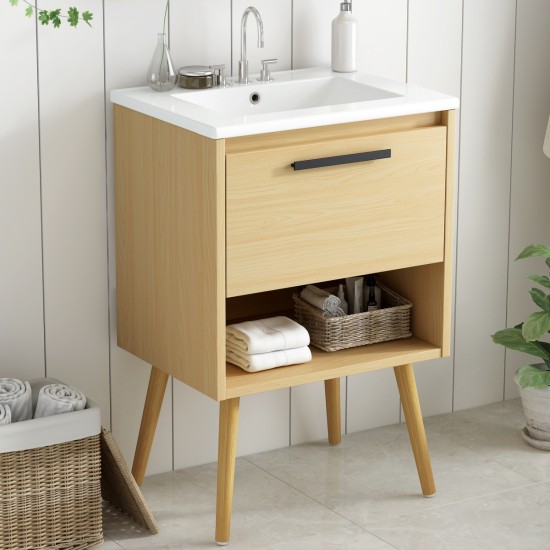 24 Inch  Bathroom Vanity with Sink Combo, Multi-functional Bathroom Cabinet with Drawer,  MDF Board, Natural