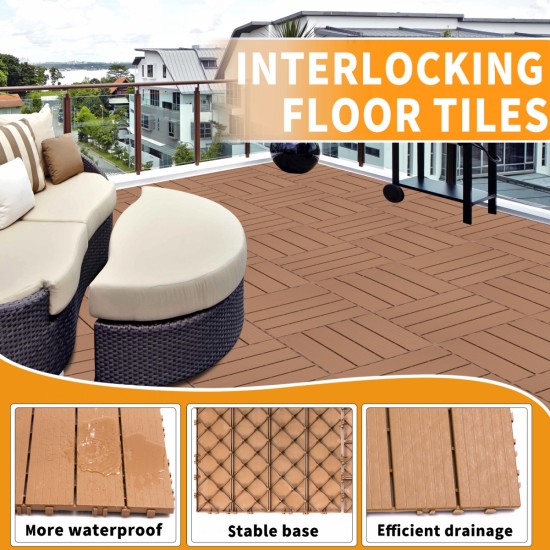 Plastic Interlocking Deck Tiles, 11.8 Inch x11.8 Inch (Pack of 44), Patio Flooring Outdoor Waterproof All Weather Use for Garden Poolside Front/Back Yard, Burlywood