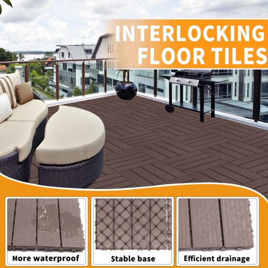 Plastic Interlocking Deck Tiles, 11.8 Inch x11.8 Inch (Pack of 44), Patio Flooring Outdoor Waterproof All Weather Use for Garden Poolside Front/Back Yard, Light Coffee Color