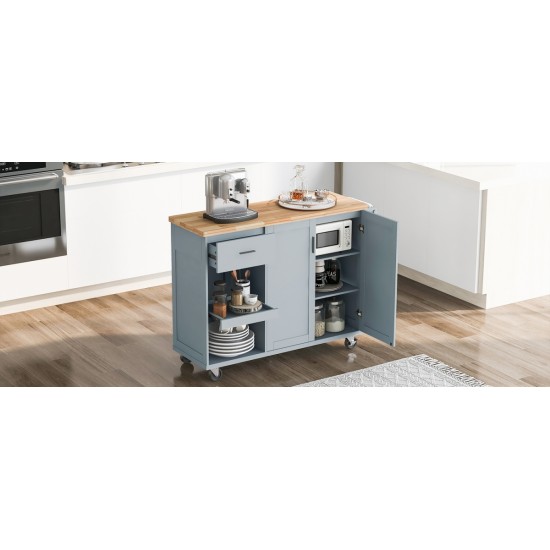 K&K Kitchen Island with Foldable Counter Top, Kitchen Storage Cart with Slide-Out Shelf, Towel Rack and Drawer, Rolling Kitchen Cart on Wheels, for Kitchen, Living Room, Dining Room, Grey Blue