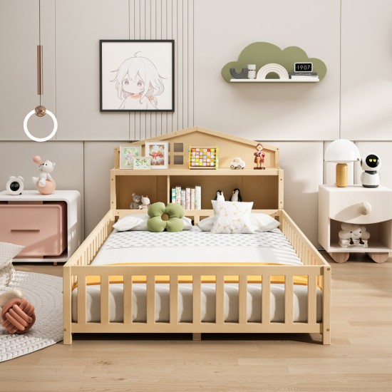 Full-size Floor Beds with Bookcases and Blackboards, Versatile Platform Beds with Guard rails, Solid Wood Floor Beds with Storage Headboards, Floor Beds for Kids and Teens Natural