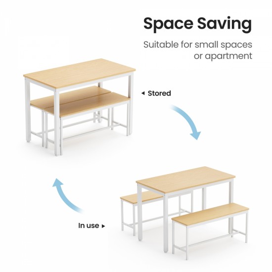 Dining Table Set, Bar Table with 2 Dining Benches, Kitchen Table Counter with Chairs, Industrial for Kitchen Breakfast Table, Living Room, Party Room, Natural and White , 43.3″L x23.6″W x 29.9″H