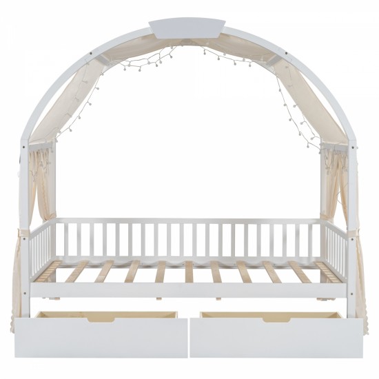 Twin Size Bed With Arched Roof and 2 Drawers, White