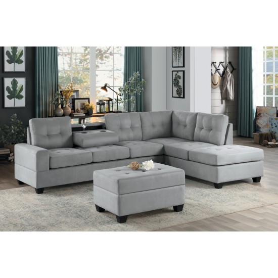 Modern Living Room 2-Piece Reversible Sectional with Drop-Down Cup Holders Sofa Chaise Gray Microfiber Upholstered Tufted Details