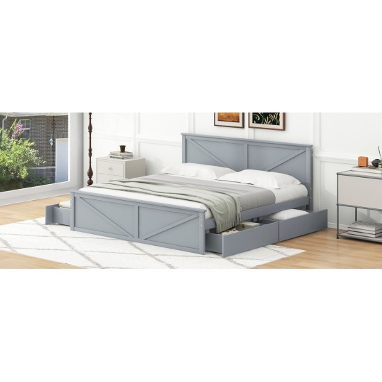 King Size Wooden Platform Bed with Four Storage Drawers and Support Legs, Gray