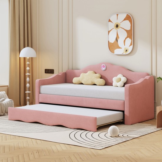 Twin Size Upholstered daybed with Wave-shaped Trundle, Pink