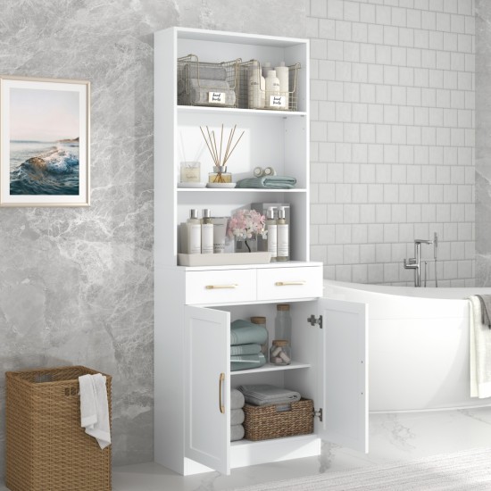 Bathroom Storage Cabinet, Cabinet with Two Doors and Drawers, Adjustable Shelf, Three-layer Open Shelf, MDF Board, White