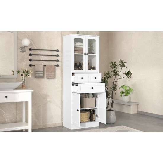 Tall Bathroom Storage Cabinet, Cabinet with Four Doors and Drawers, Adjustable Shelf, MDF Board, White