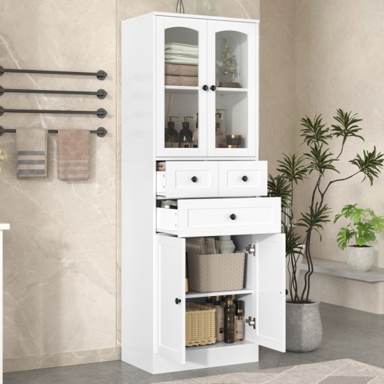 Tall Bathroom Storage Cabinet, Cabinet with Four Doors and Drawers, Adjustable Shelf, MDF Board, White