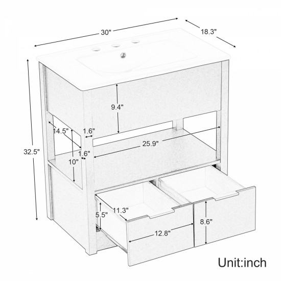 30 Inch  Bathroom Vanity with Sink Top, Bathroom Cabinet with Open Storage Shelf and Two Drawers, One Package, Black (Old Sku:WF311619AAP)