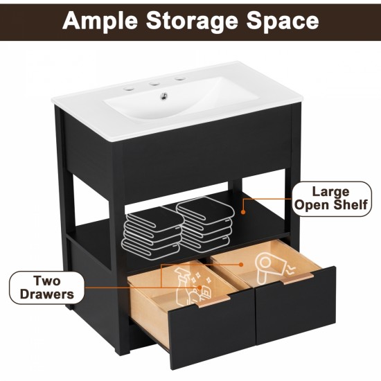 30 Inch  Bathroom Vanity with Sink Top, Bathroom Cabinet with Open Storage Shelf and Two Drawers, One Package, Black (Old Sku:WF311619AAP)