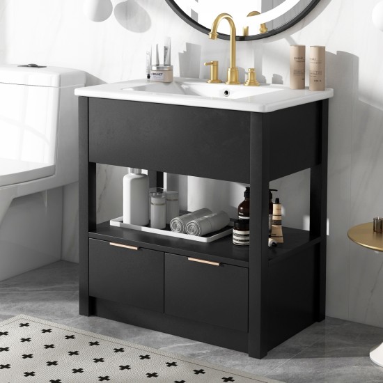 30 Inch  Bathroom Vanity with Sink Top, Bathroom Cabinet with Open Storage Shelf and Two Drawers, One Package, Black (Old Sku:WF311619AAP)