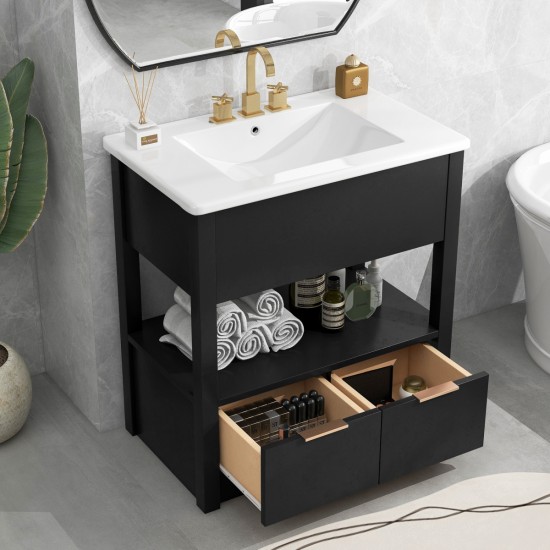 30 Inch  Bathroom Vanity with Sink Top, Bathroom Cabinet with Open Storage Shelf and Two Drawers, One Package, Black (Old Sku:WF311619AAP)