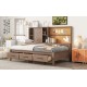 Twin Size Lounge Daybed with Storage Shelves, Cork Board, USB Ports and 3 Drawers, Antique Wood Color