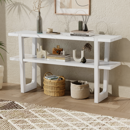 TREXM Retro Elegant Console Table with Marble-Effect Top and Versatile Storage Solutions for Entryway and Living Room (Antique White)