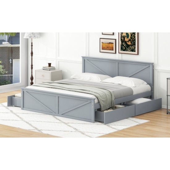 King Size Wooden Platform Bed with Four Storage Drawers and Support Legs, Gray