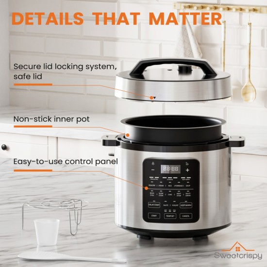 9 in 1 Electric Pressure Cooker 6 Quart, Steamer, Yogurt Maker, Warmer & Sterilizer, Saute, Slow Cooker, Rice Cooker, Egg Cooker, Multi-Functional Smart Pot, Stainless Steel