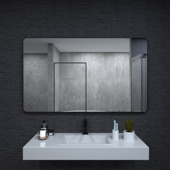 60x36 In. Aluminum Framed Rounded Rectangle Bathroom Wall Mirror, Matte Black Bathroom Vanity Mirror Farmhouse, Anti-Rust, Tempered Glass mirrors, Hangs Horizontally or Vertically