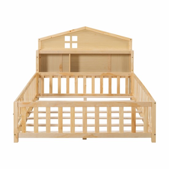 Full-size Floor Beds with Bookcases and Blackboards, Versatile Platform Beds with Guard rails, Solid Wood Floor Beds with Storage Headboards, Floor Beds for Kids and Teens Natural