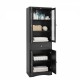 Tall Bathroom Storage Cabinet, Cabinet with Four Doors and Drawers, Adjustable Shelf, MDF Board, Black