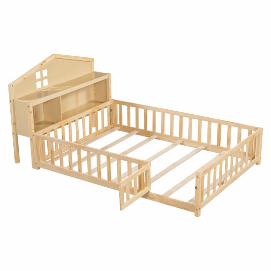 Full-size Floor Beds with Bookcases and Blackboards, Versatile Platform Beds with Guard rails, Solid Wood Floor Beds with Storage Headboards, Floor Beds for Kids and Teens Natural