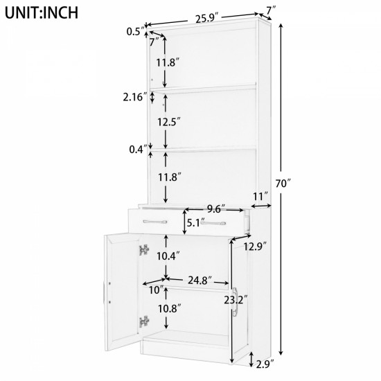 Bathroom Storage Cabinet, Cabinet with Two Doors and Drawers, Adjustable Shelf, Three-layer Open Shelf, MDF Board, White